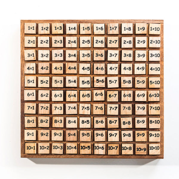 Wooden multiplication table set on a white background