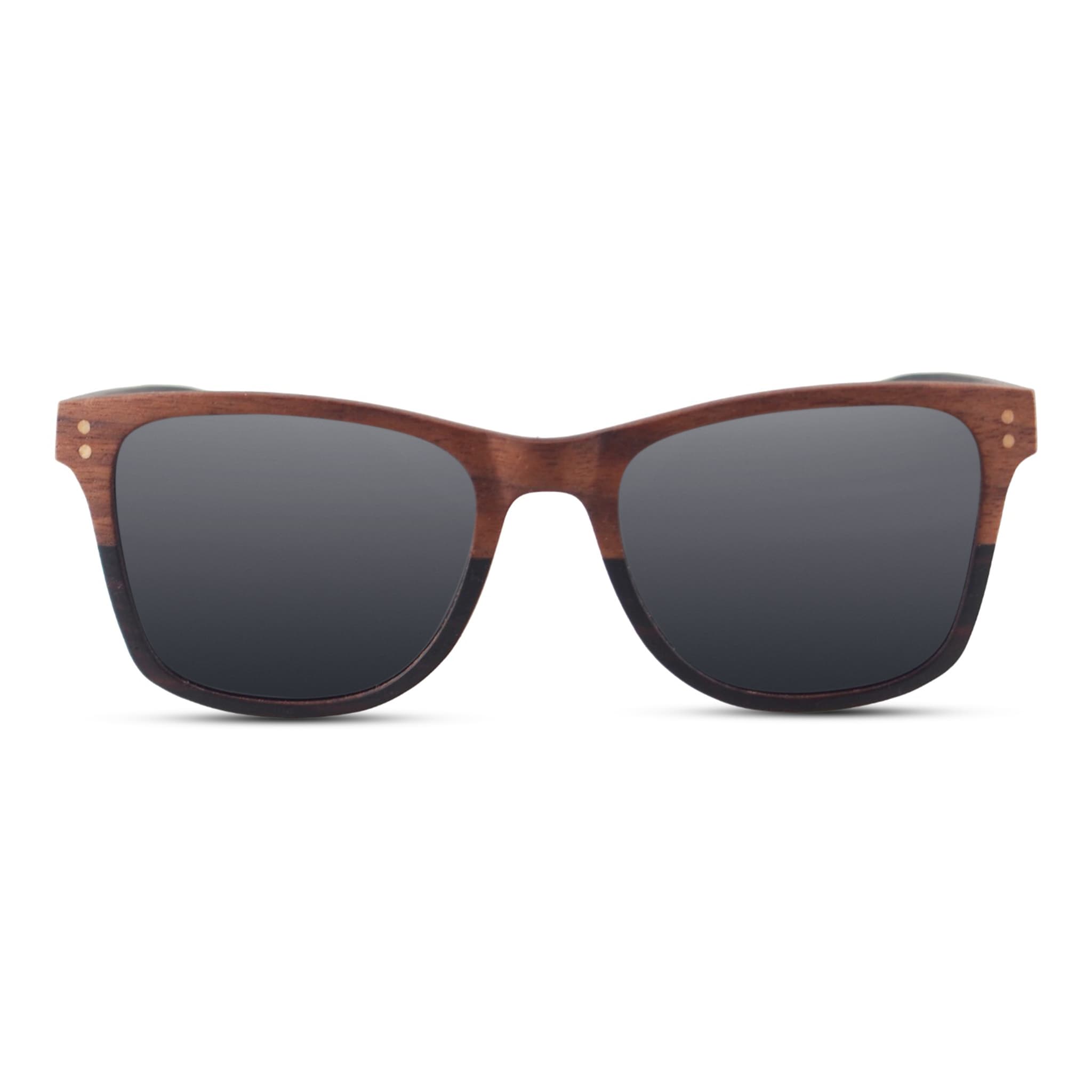 Joycoast Faded Wayfinder two-tone wood sunglasses – ebony and walnut frame close-up detail