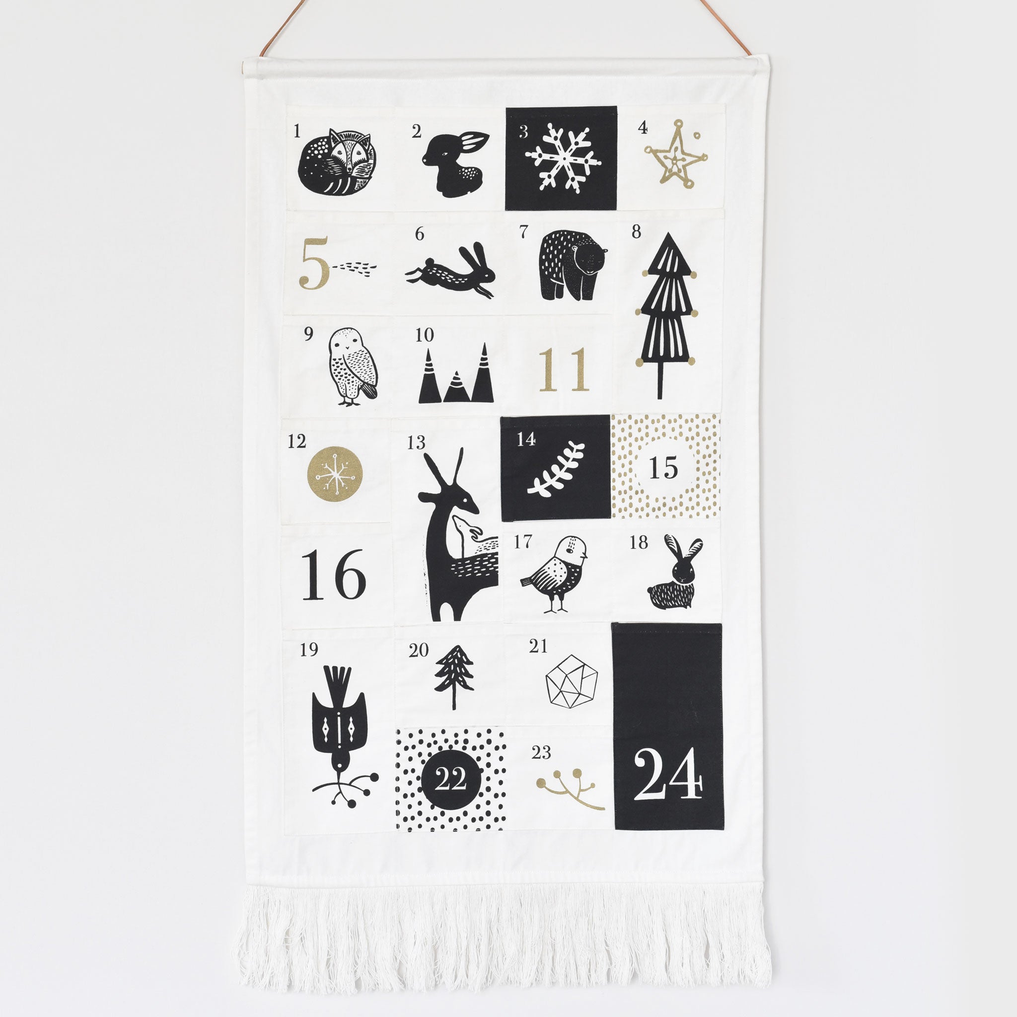 Advent calendar with black and white illustrations on a white background