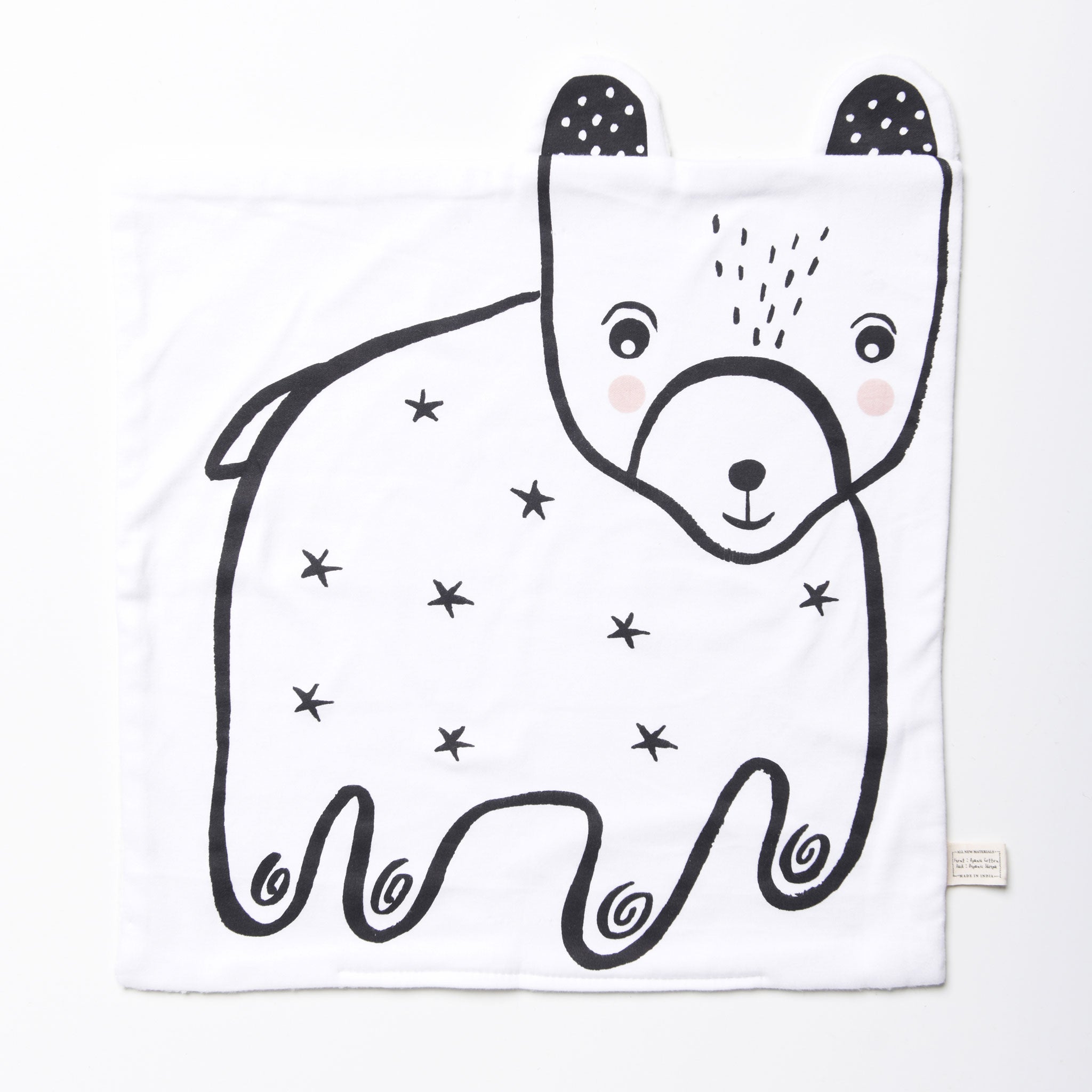 White towel with a black bear illustration on a white background