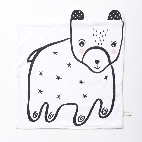 White towel with a black bear illustration on a white background