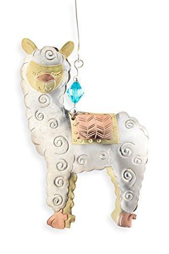 Decorative llama ornament with gold accents on a white background
