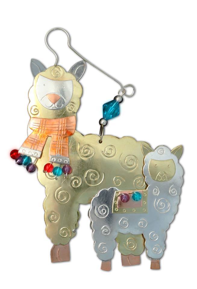 Whimsical Mom and Cria Alpaca Ornament hand-crafted from plated nickel, copper, and brass, fair trade made in Thailand