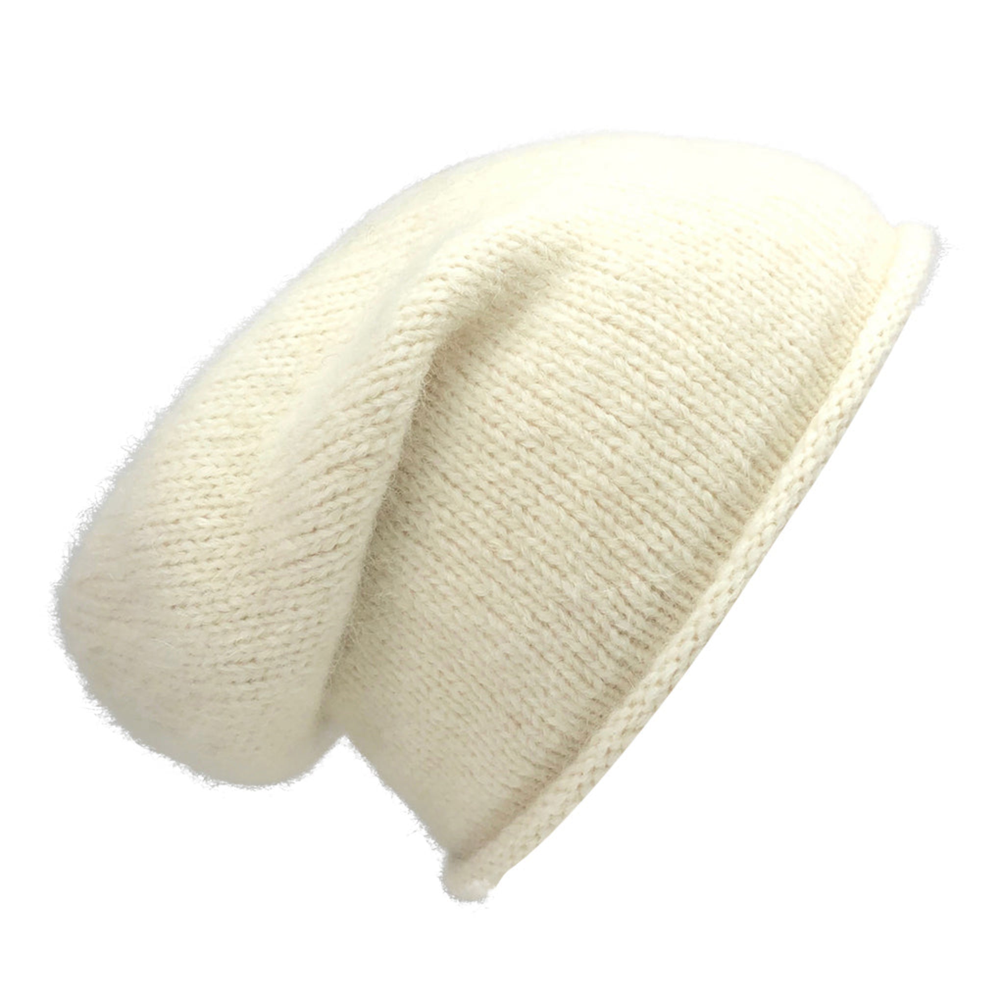 White knit beanie on a white background
