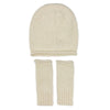 White knit beanie and fingerless gloves set on a white background