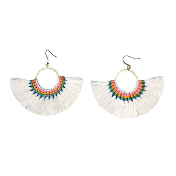 Pair of colorful fan-shaped earrings on a white background