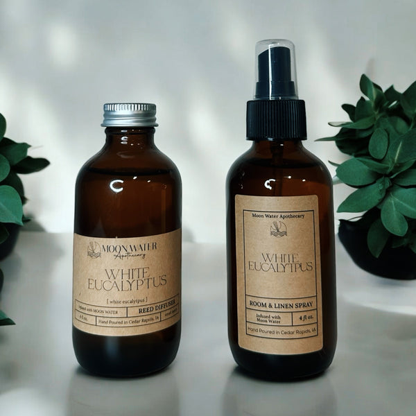 White Eucalyptus Room and Linen Spray 4oz bottle by Moon Water Apothecary on a clean white background