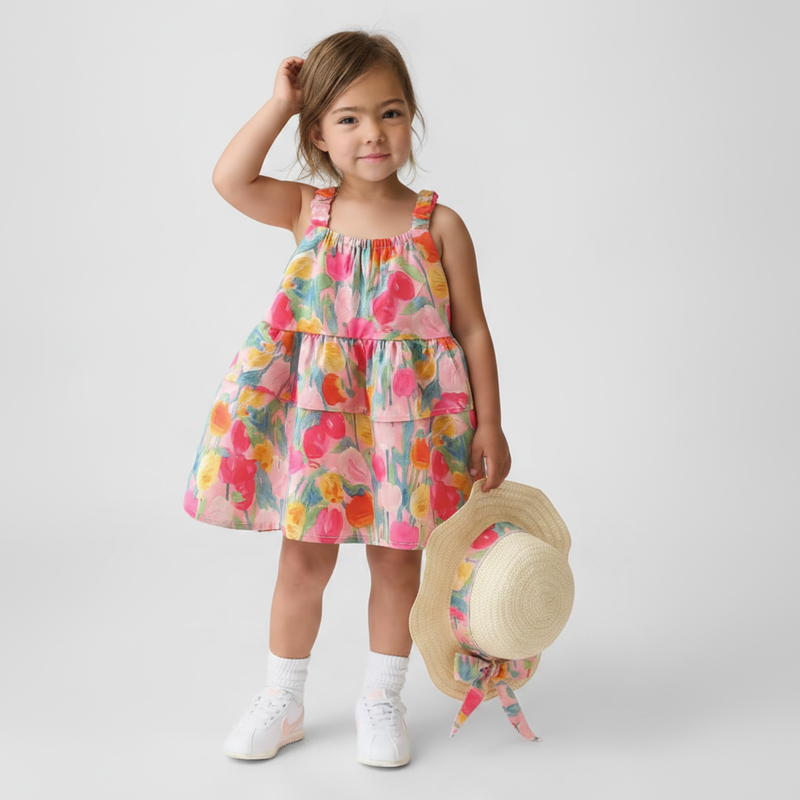 A young girl stands against a light gray studio background wearing a sleeveless tiered dress with a colorful floral print in pink, yellow, orange, and green. She is holding a straw sun hat with a matching floral ribbon.