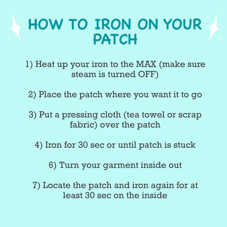 Instructions on how to iron on a patch with a teal background