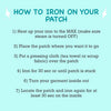Instructions on how to iron on a patch with a teal background