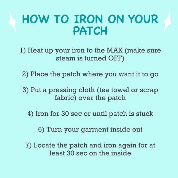 Instructions on how to iron on a patch with a teal background