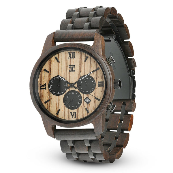 Wild black sandalwood and zebrawood chronograph wooden watch with polished stainless steel accents on a neutral background