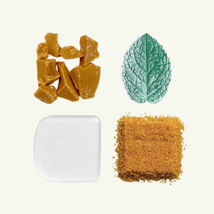 Collection of brown sugar pieces, a green leaf, and a white container on a light beige background