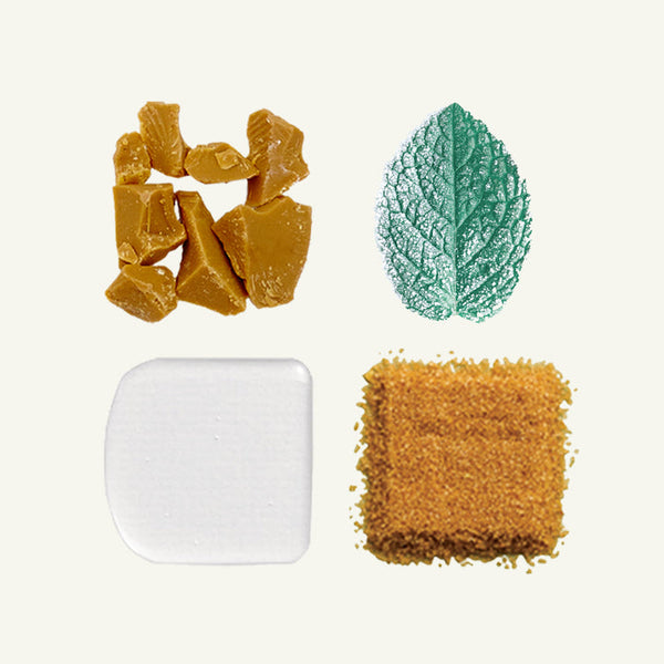 Collection of brown sugar pieces, a green leaf, and a white container on a light beige background