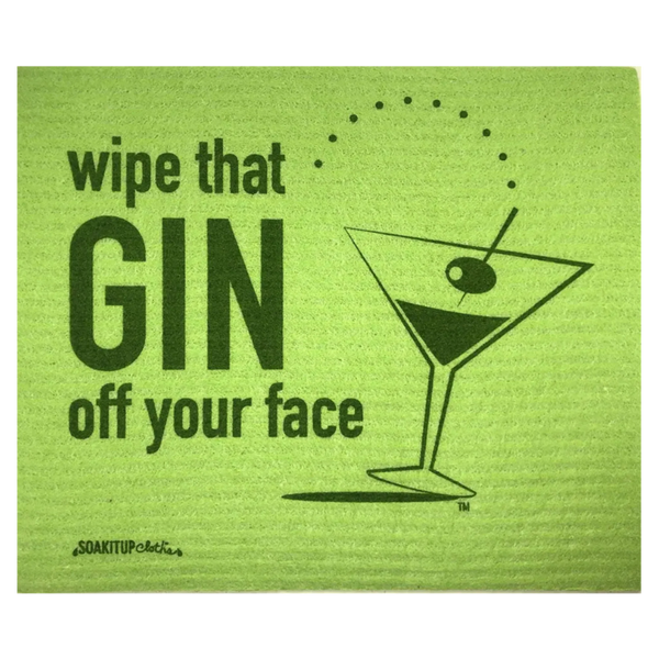 Wipe That GIN Off Your Face eco-friendly Swedish dishcloth by Soak iT Up — gin-themed reusable sponge cloth made from cellulose and cotton