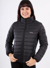 Woman wearing a black puffer jacket with 'hoseg' branding on a white background