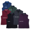 Collection of five vests in different colors with labels on a white background