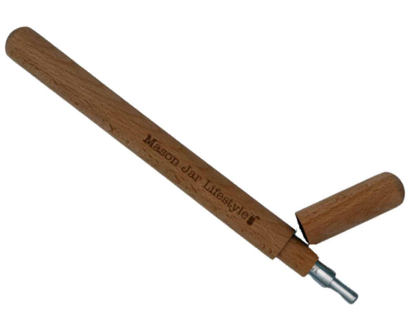 Wooden pen with a visible brand name on a white background