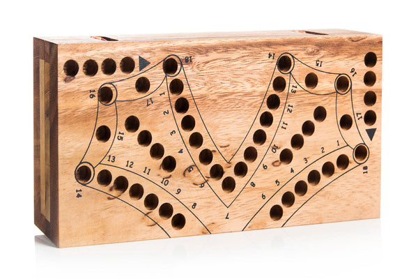 Wooden cribbage board with pegs on a white background