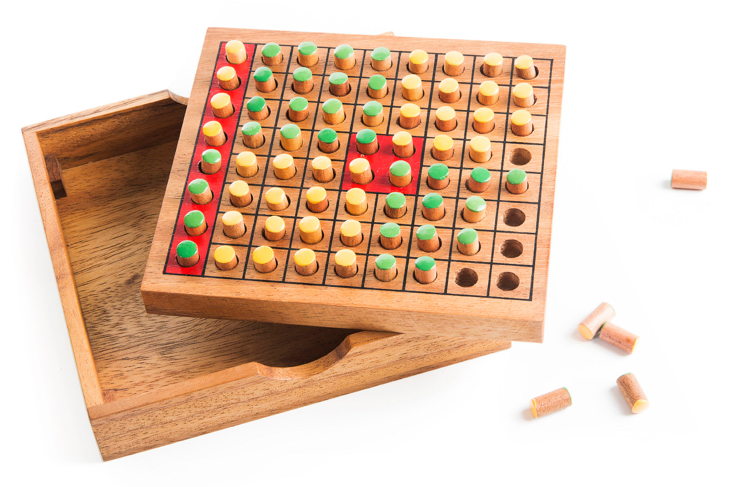 Wooden puzzle game with colored pegs on a white background