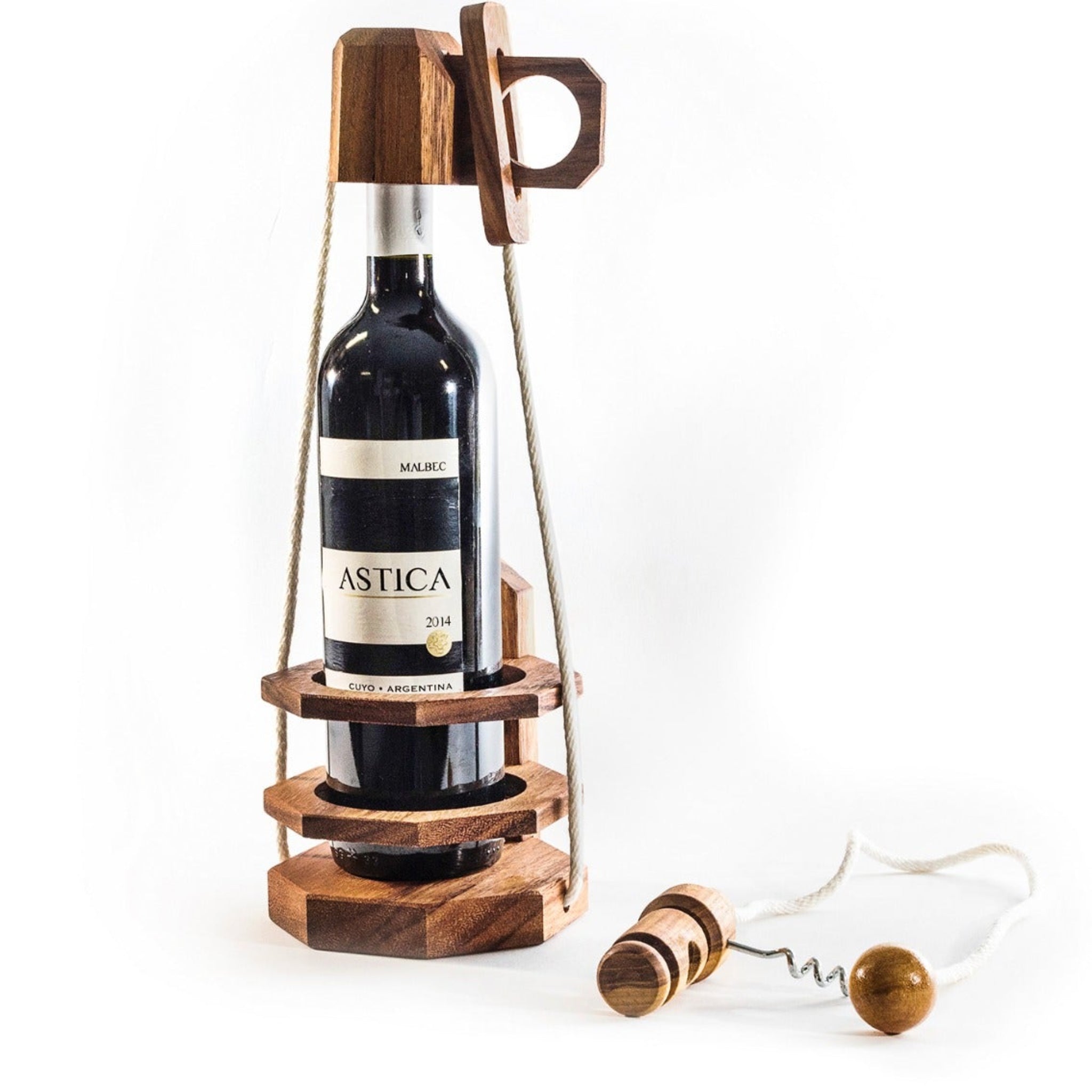 Wooden wine bottle holder with a bottle of Astica wine on a white background