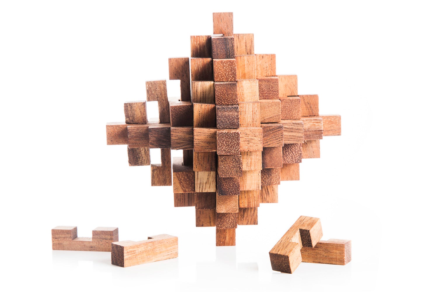 Wooden puzzle structure on a white background