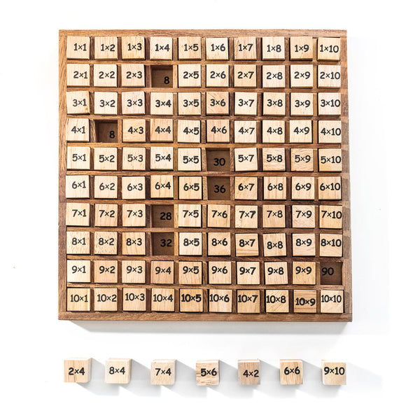 Wooden multiplication table with additional wooden blocks displaying multiplication facts on a white background