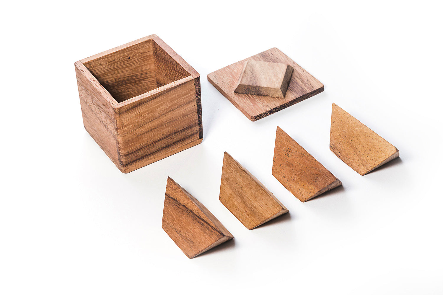 Wooden brain teaser puzzle with two pyramids and a small box — Kubiya Games STEM toy