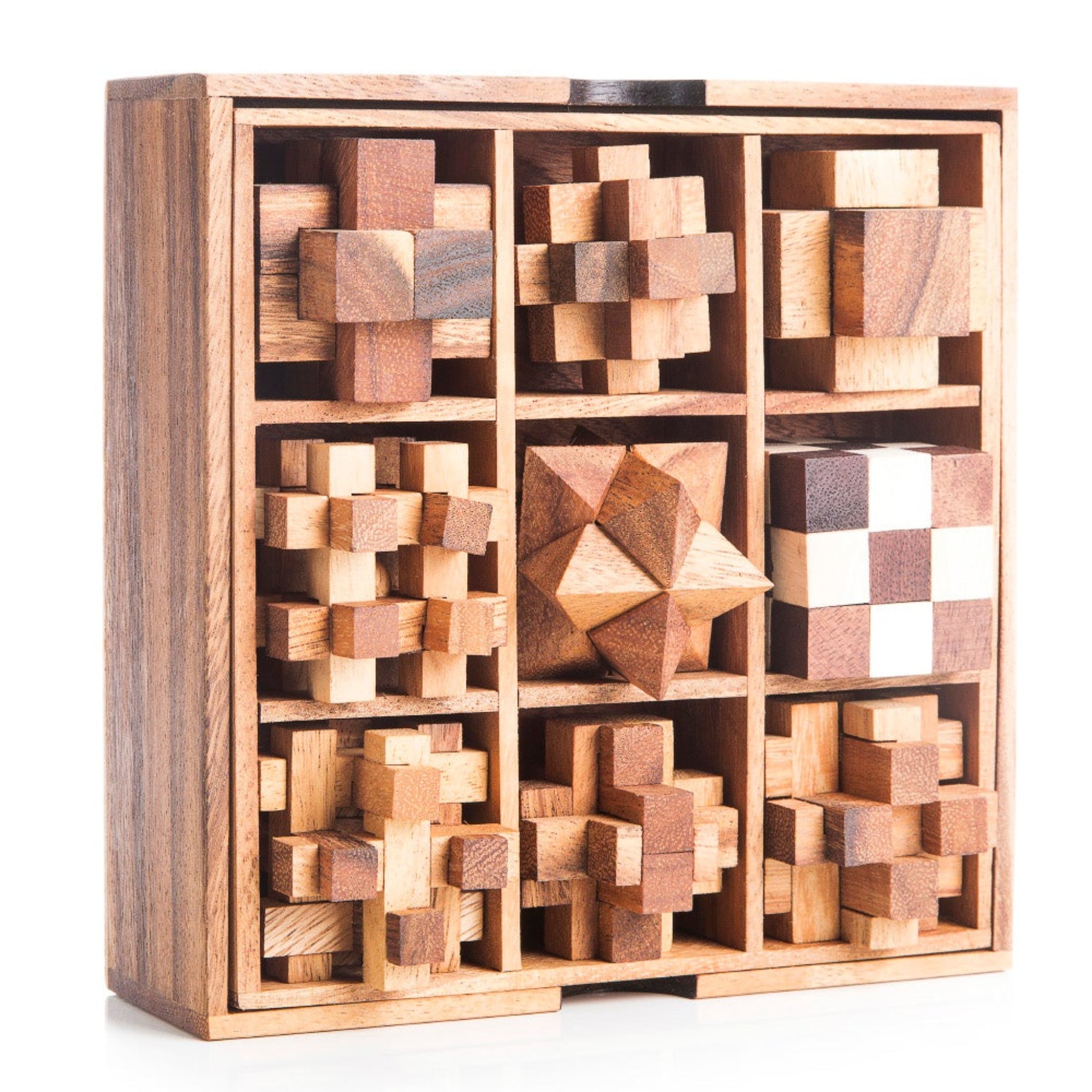 Wooden puzzle set in a box on a white background