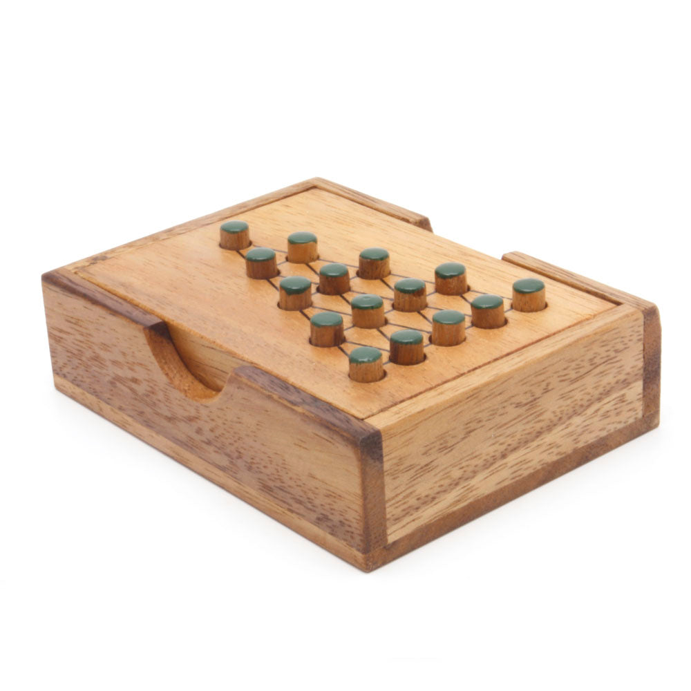 Wooden puzzle game with cylindrical pieces on a white background