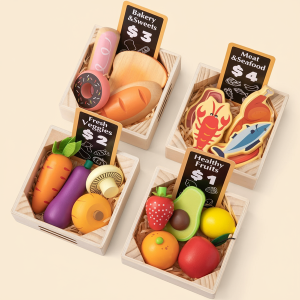 Tiny Land wooden play food set shown with its boxes