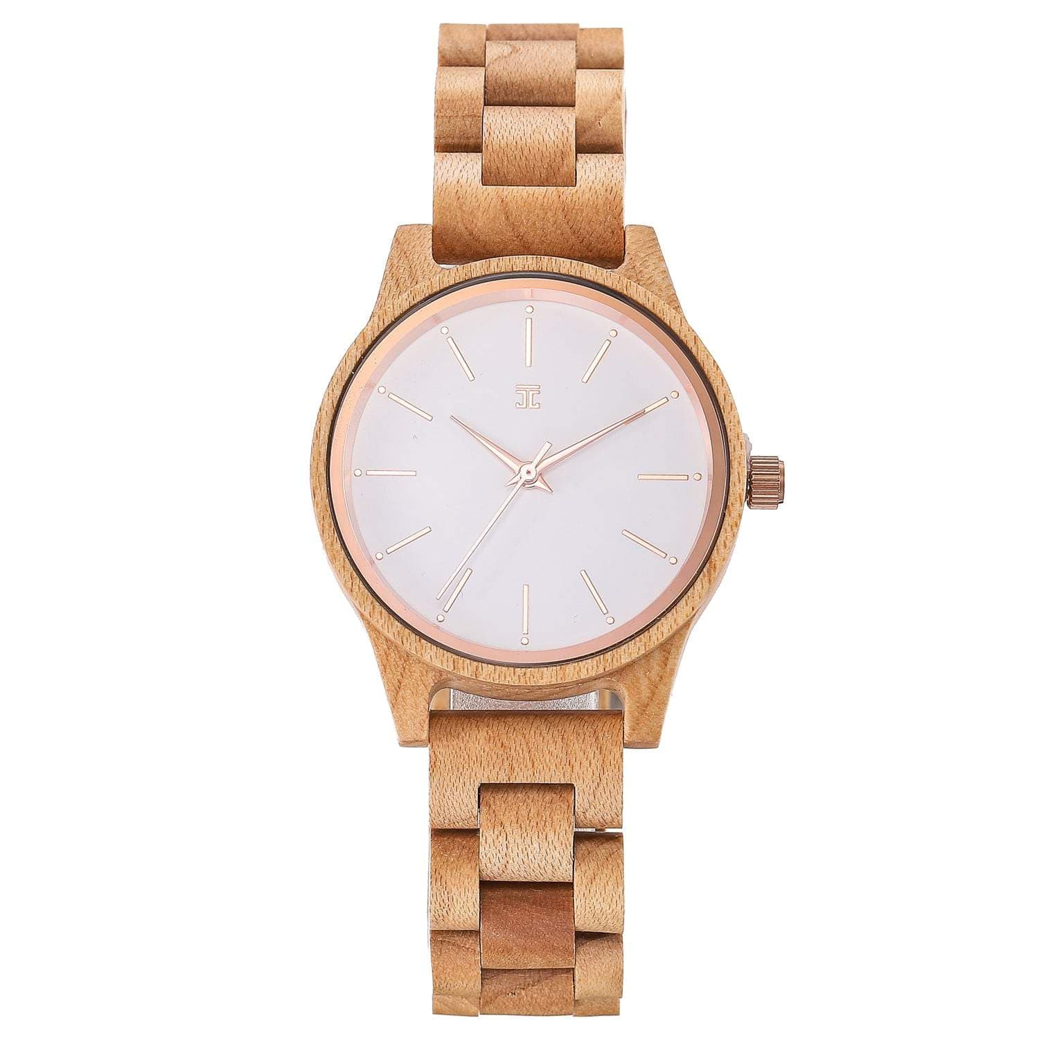 Wooden watch with a white face on a white background