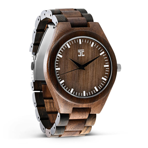 Wooden watch with silver accents on a white background
