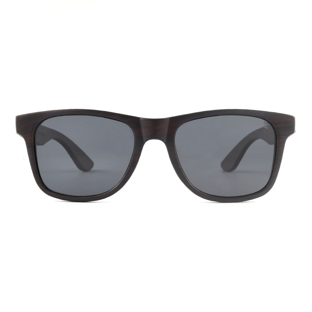 Woodgrain Mozz walnut wood sunglasses front view with grey polarized lenses