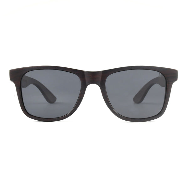 Woodgrain Mozz walnut wood sunglasses front view with grey polarized lenses