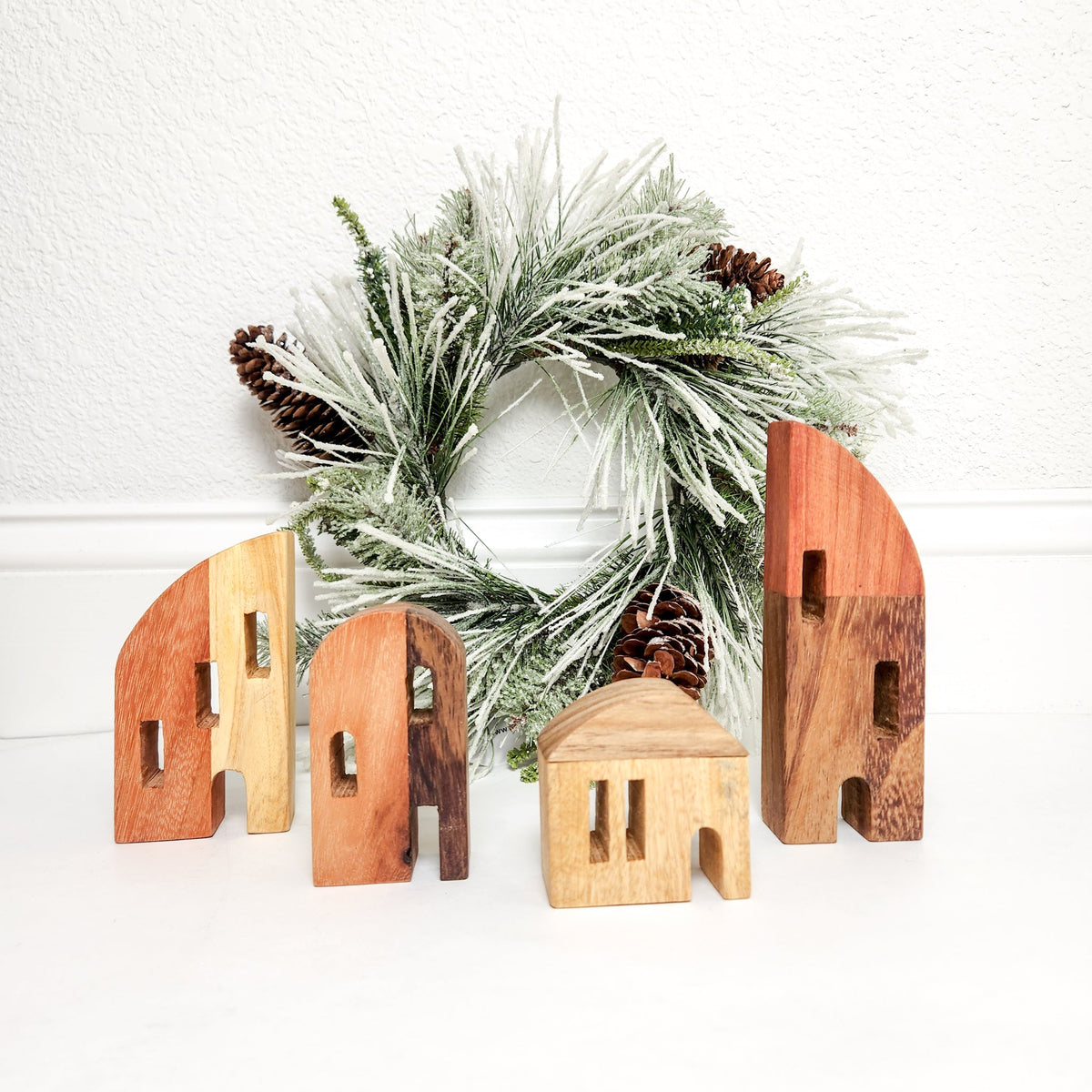 Hand-Carved Wood Christmas Village Set | Reclaimed Wood Holiday Decor