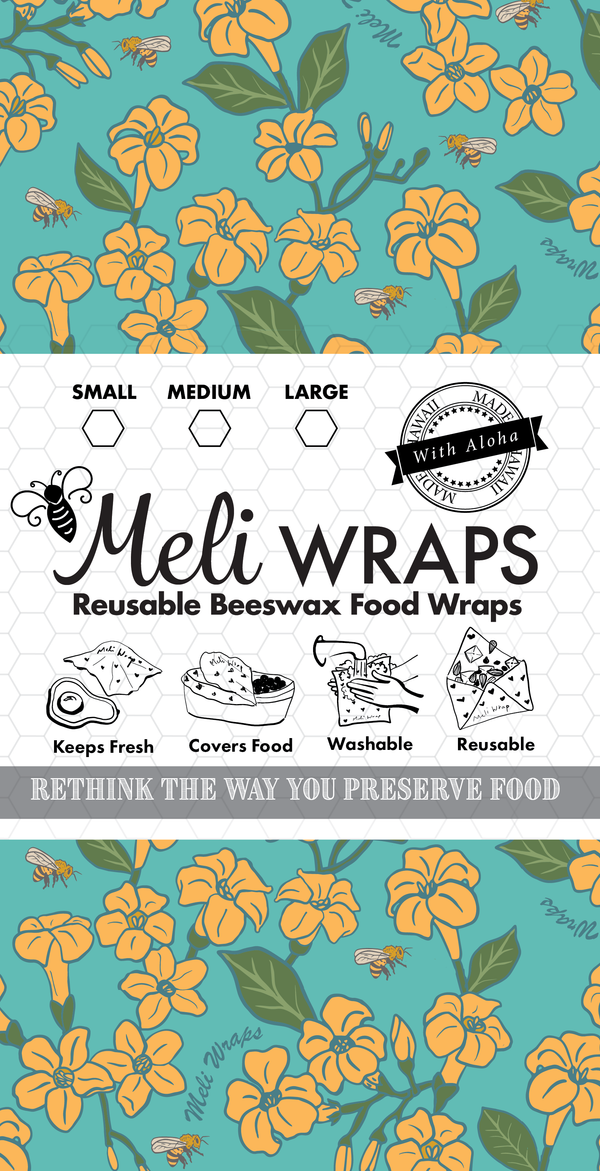 Meli Wraps Puakenikeni beeswax wrap shown wrapped around food