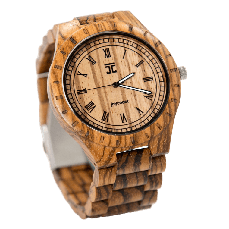 Zebra Max wooden watch with African Zebrano wood grain detail and 45mm case on white background