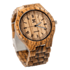 Zebra Max wooden watch with African Zebrano wood grain detail and 45mm case on white background