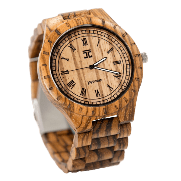 Zebra Max wooden watch with African Zebrano wood grain detail and 45mm case on white background