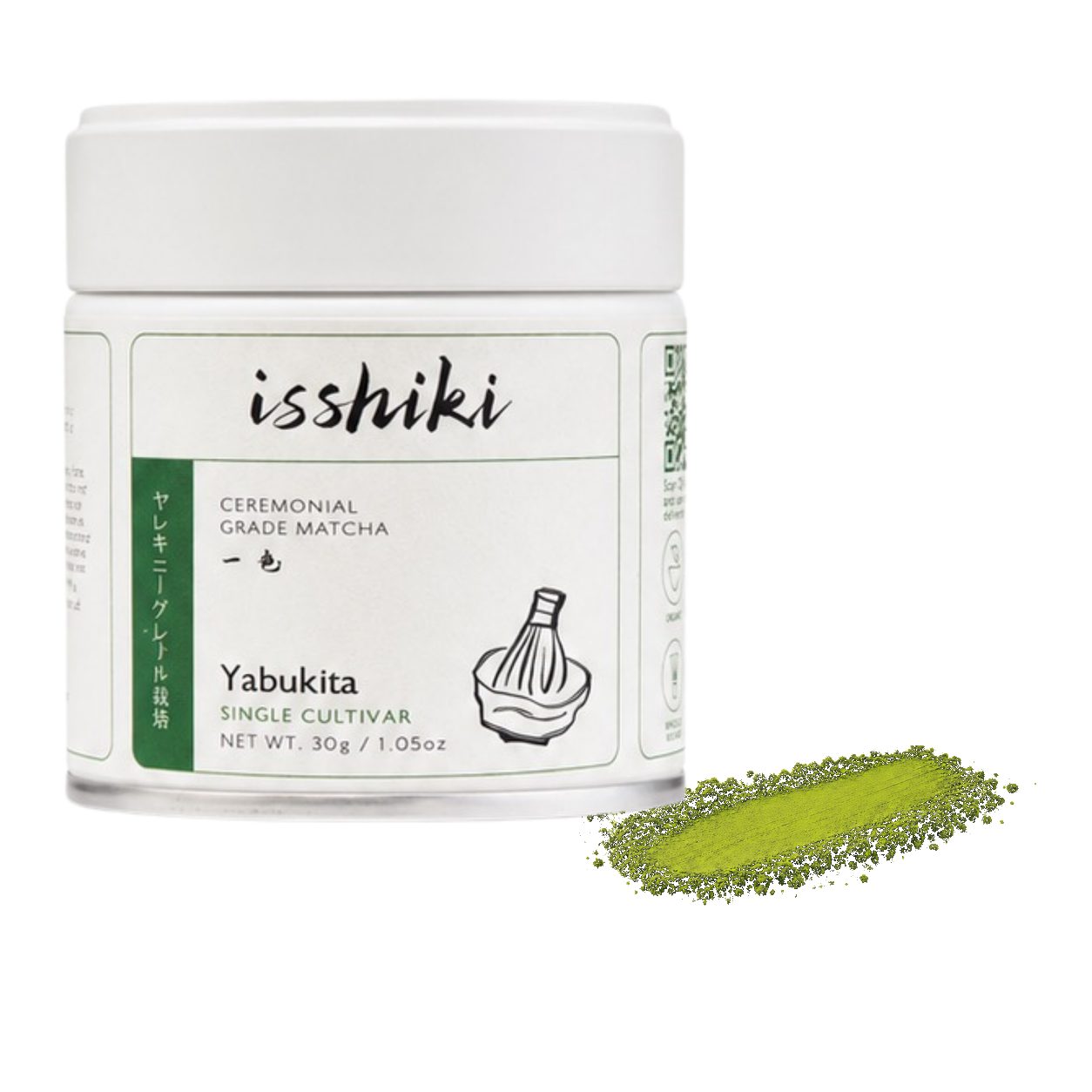 Yabukita Single Cultivar Matcha pack with green matcha powder smear on a transparent background