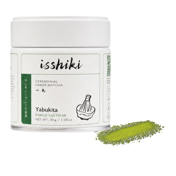 Yabukita Single Cultivar Matcha pack with green matcha powder smear on a transparent background