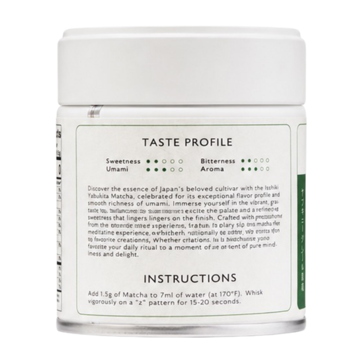Jar of matcha with taste profile and instructions on a white background