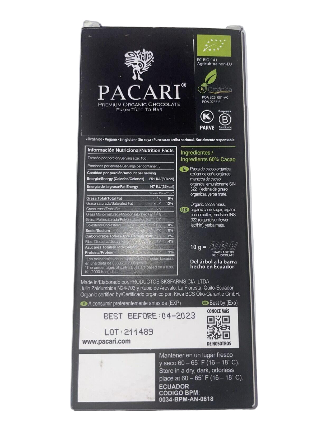 Pacari chocolate bar packaging with nutritional information and best before date on a white background