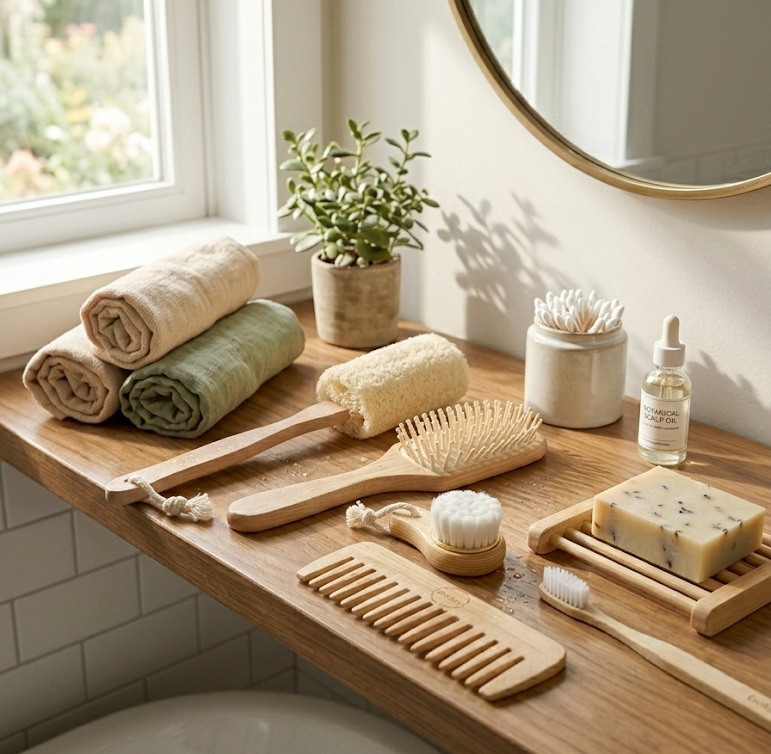 Lifestyle flatlay of BeNat zero-waste bamboo bathroom accessories set including brushes, comb and soap dish