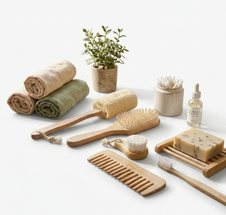 Collection of natural beauty products including a plant, towels, and various tools on a white background