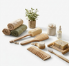 Collection of natural beauty products including a plant, towels, and various tools on a white background