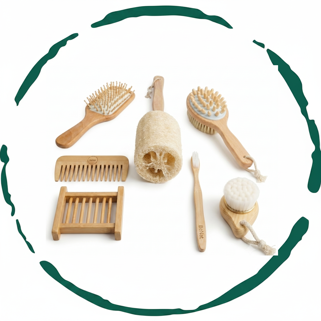 BeNat zero-waste bamboo bath accessories bundle with 7 eco-friendly pieces on white background