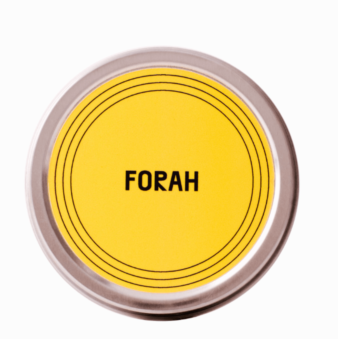 Round container with yellow label and 'FORAH' text on a white background