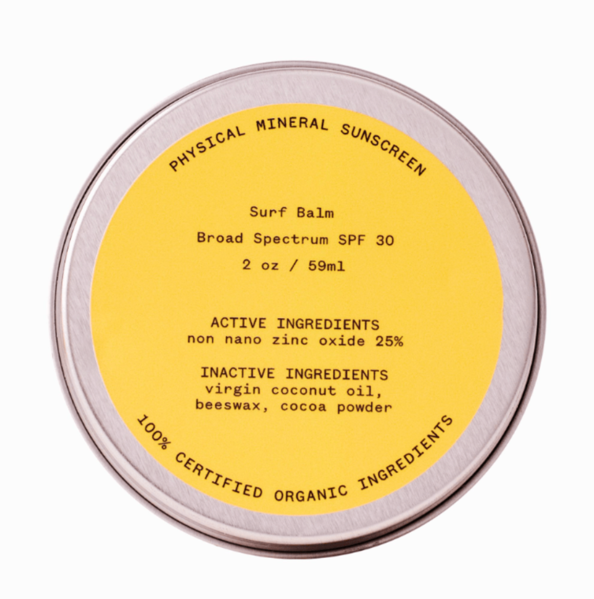 Tin of Physical Mineral Sunscreen with yellow label on a white background